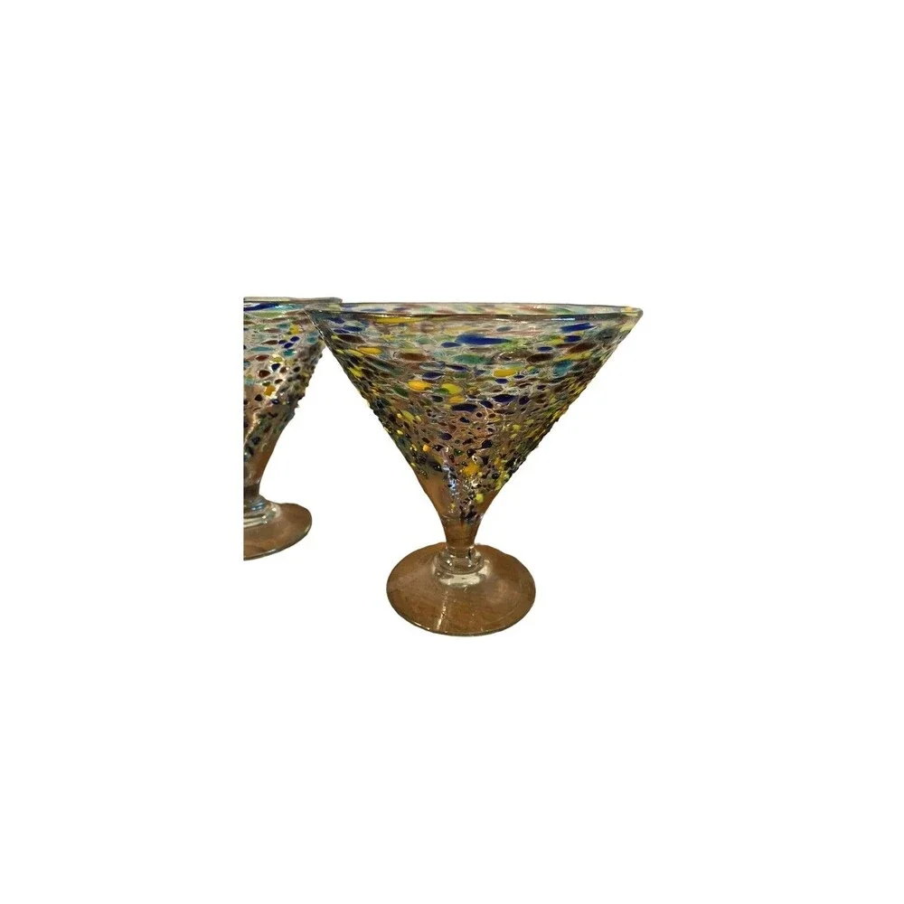 SET OF 2 MEXICAN CONFETTI WITH COLOR PEBBLES HAND BLOWN ROCKS Margarita Glasses